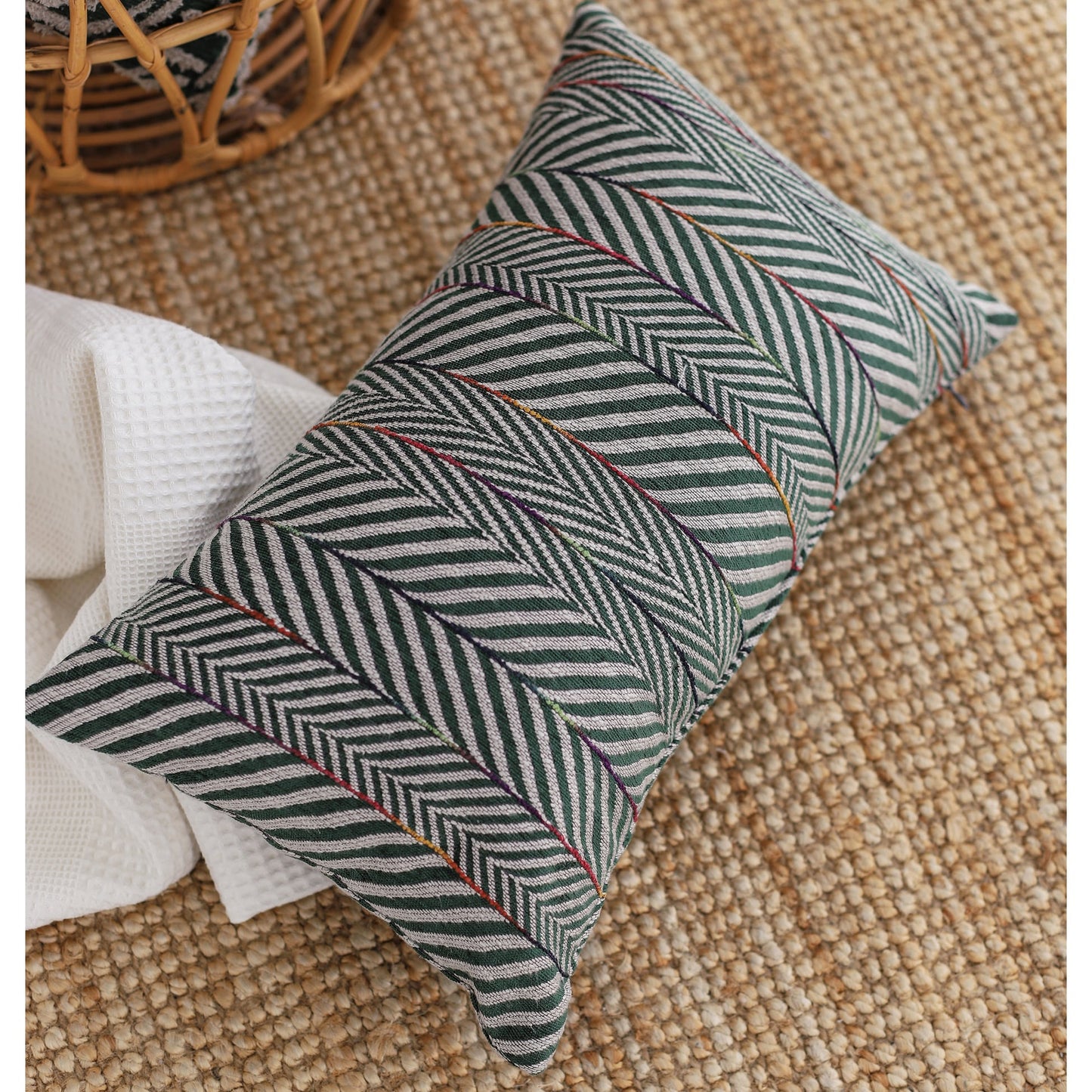 Sense | Green Textured Herringbone Stripe Lumbar 12''x20'' Throw Pillow Cover