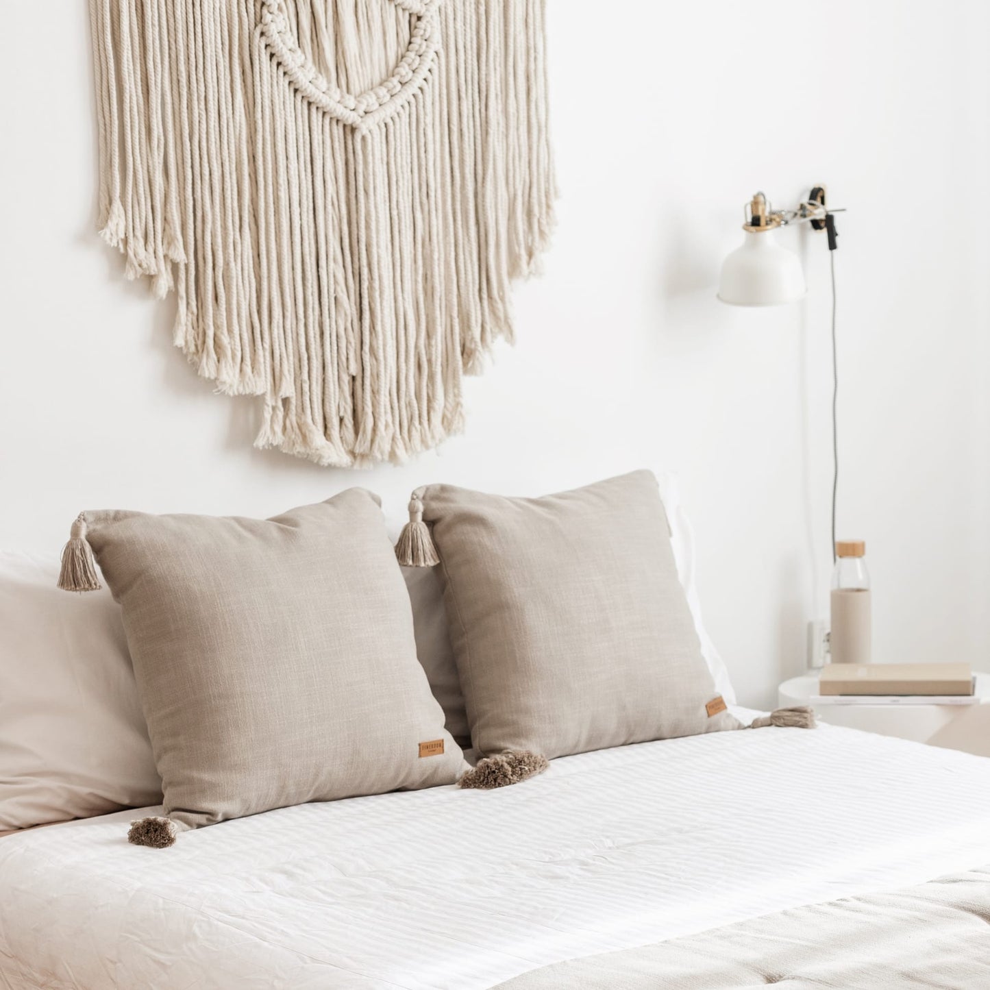 Loom | Taupe Solid Neutral Linen Blend Tassel Square 20''x20'' Throw Pillow Cover