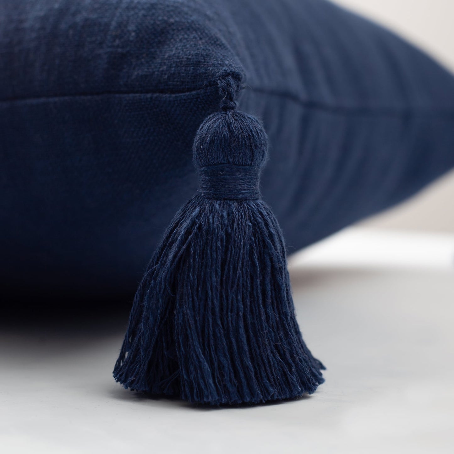 Loom | Navy Blue Solid Neutral Linen Blend Tassel Square 20''x20'' Throw Pillow Cover