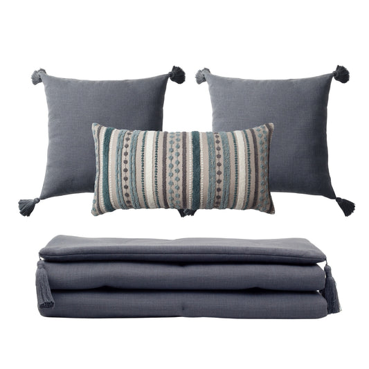 Loom Bed Runner & Pillow Covers | Set of 4 | Dark Gray Teal Nomad Bedset