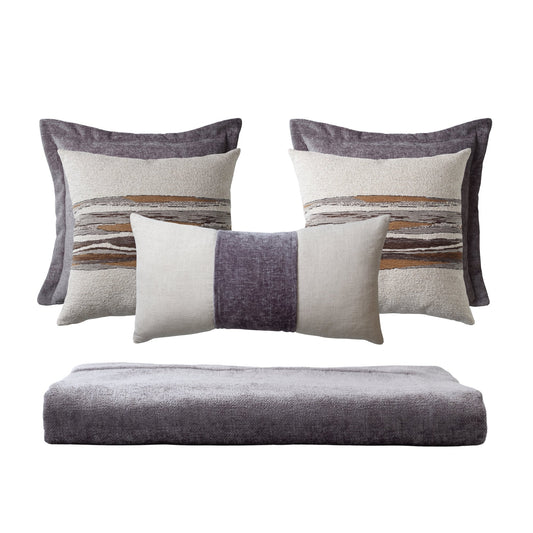 Borla & Combos | Set of 5 | Gray Bed Runner & Pillow Covers Set