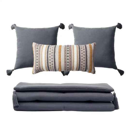 Loom Bed Runner & Pillow Covers | Set of 4 | Dark Gray Mustard Nomad Bedset