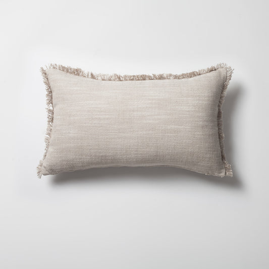 Soho | Beige Neutral Solid Linen-Blend Fringed Lumbar 12''x20'' Throw Pillow Cover