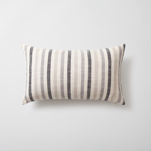 Black linen-blend neutral striped lumbar throw pillow cover 12"x20"