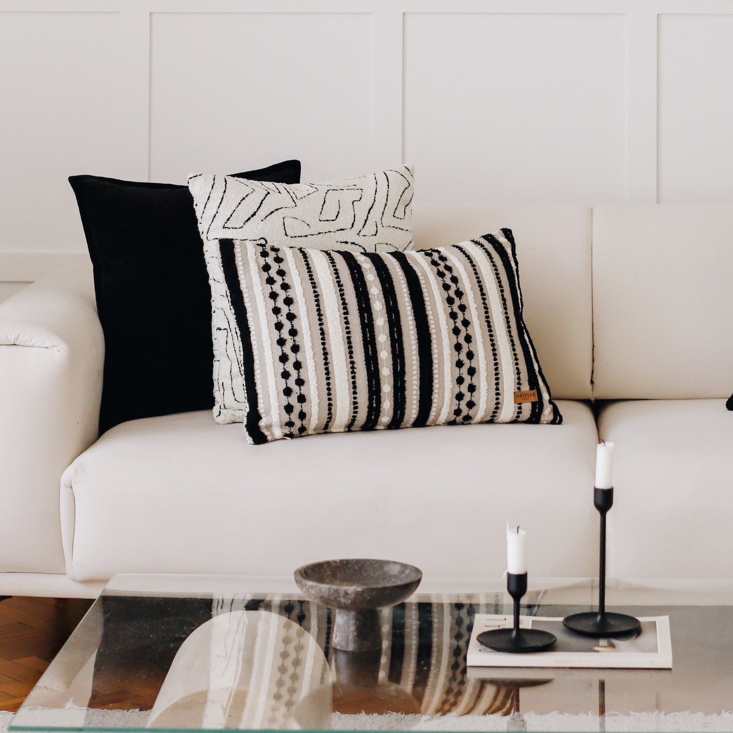 Nomad | Black and White Woven Linen Striped Lumbar 16''x24'' Throw Pillow Cover