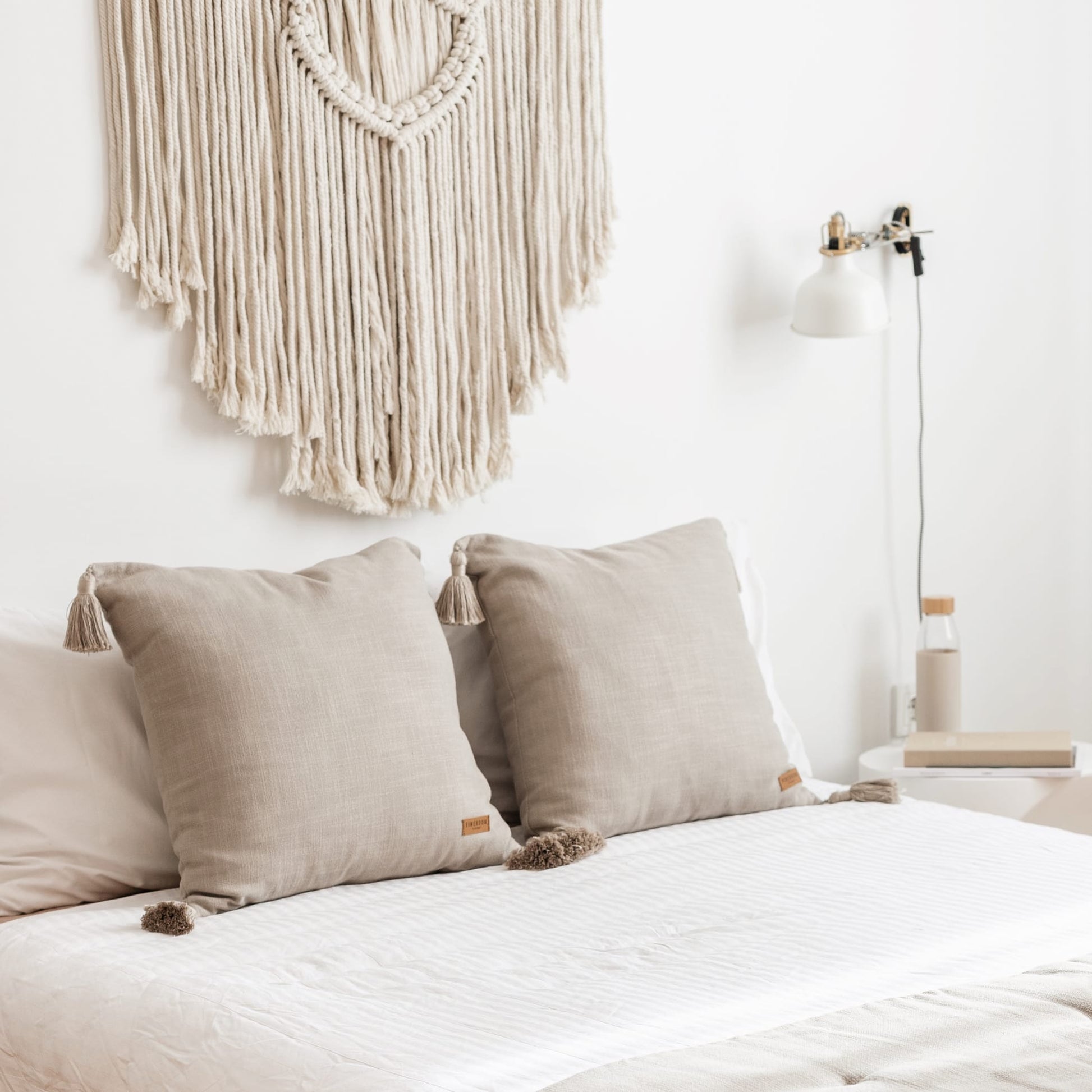 Loom | Taupe Solid Neutral Linen Blend Tassel Square 20''x20'' Throw Pillow Cover