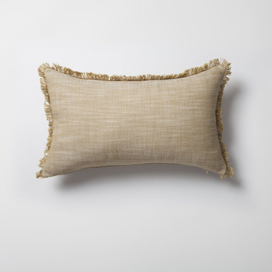 Soho | Yellow Neutral Solid Linen-Blend Fringed Lumbar 12''x20'' Throw Pillow Cover