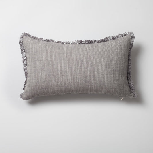 Soho | Light Gray Neutral Solid Linen-Blend Fringed Lumbar 12''x20'' Throw Pillow Cover