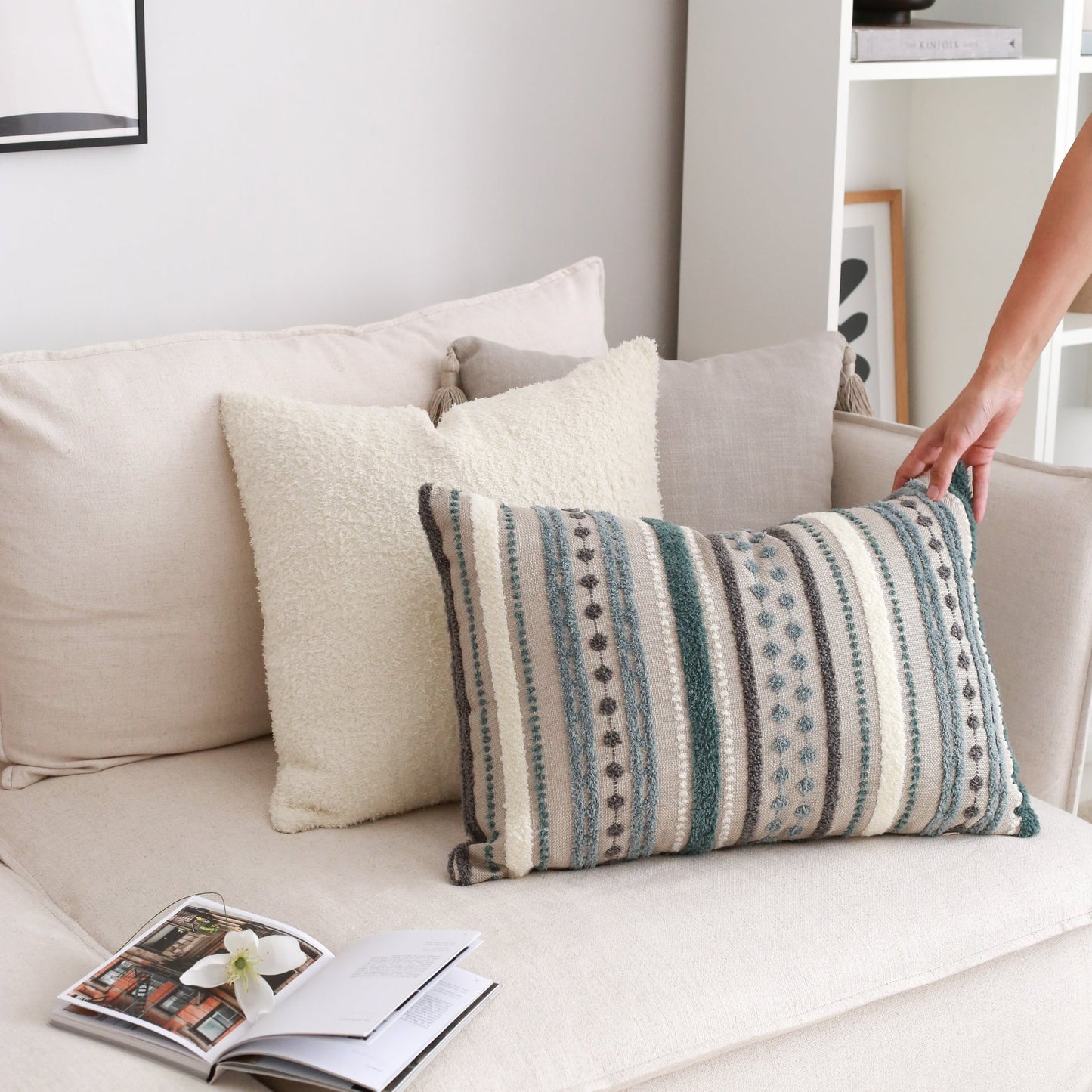 Nomad | Teal Blue Woven Linen Striped Lumbar 16''x24'' Throw Pillow Cover