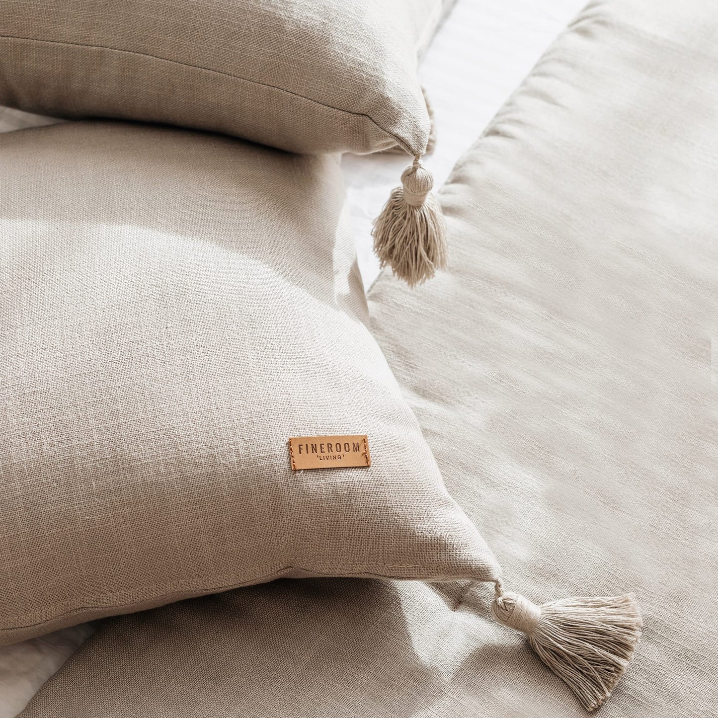 Loom | Taupe Solid Neutral Linen Blend Tassel Square 20''x20'' Throw Pillow Cover