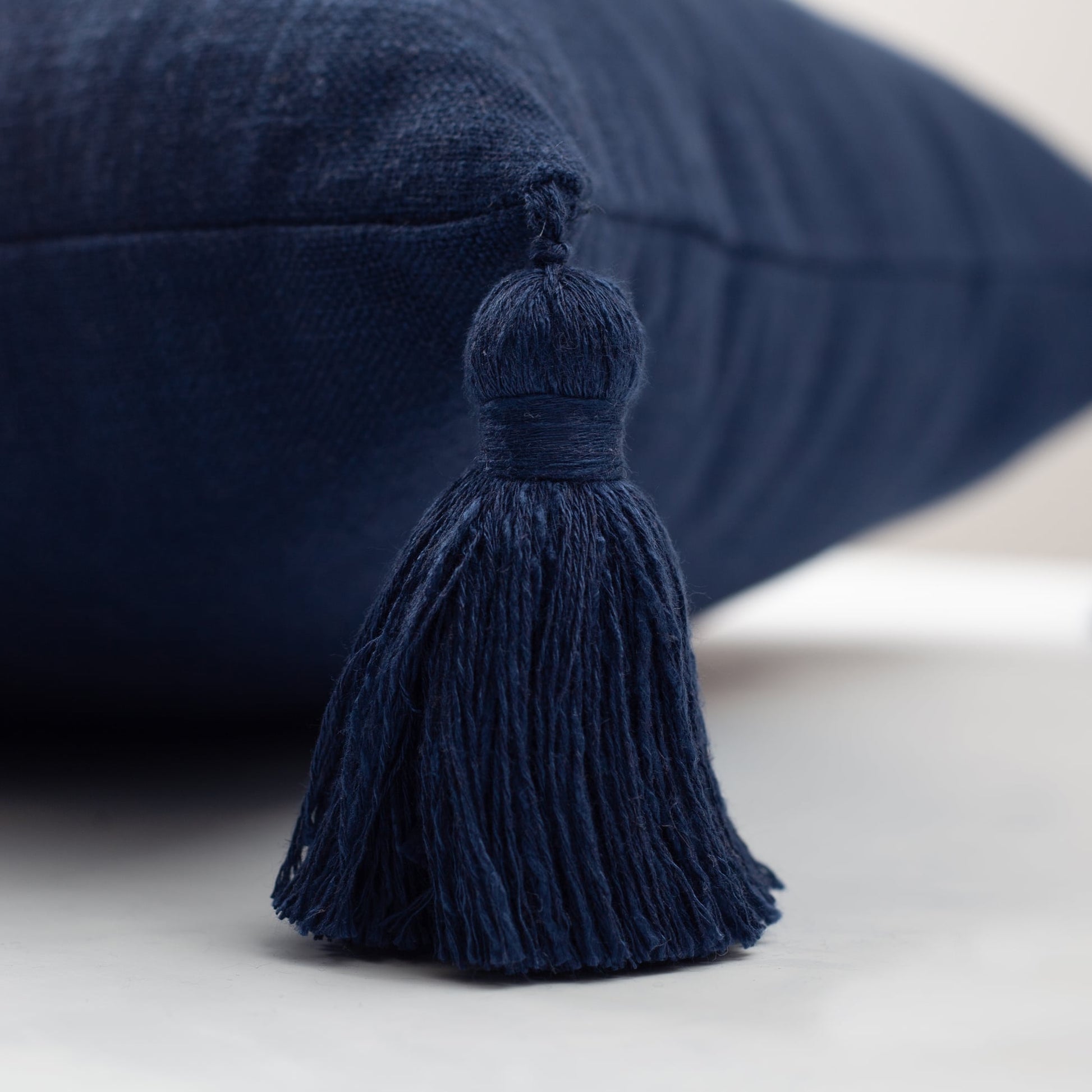 Loom | Navy Blue Solid Neutral Linen Blend Tassel Square 20''x20'' Throw Pillow Cover