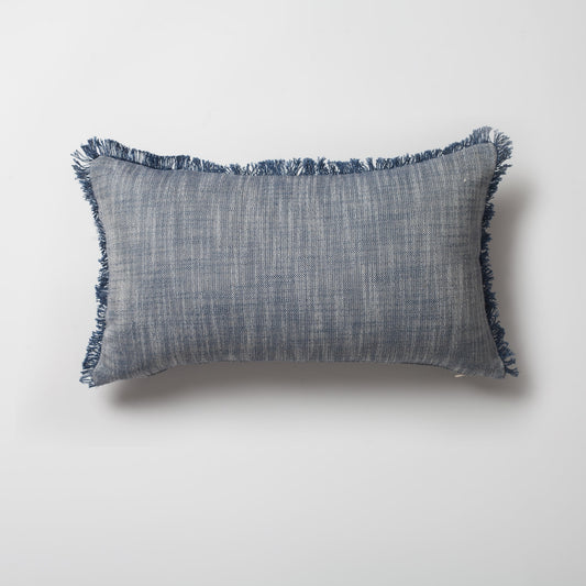 Soho | Navy Blue Neutral Solid Linen-Blend Fringed Lumbar 12''x20'' Throw Pillow Cover