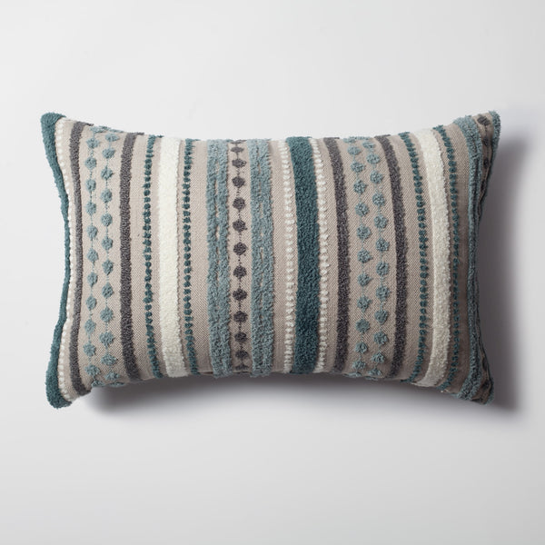 Teal blue woven linen striped lumbar throw pillow cover 16"x24"