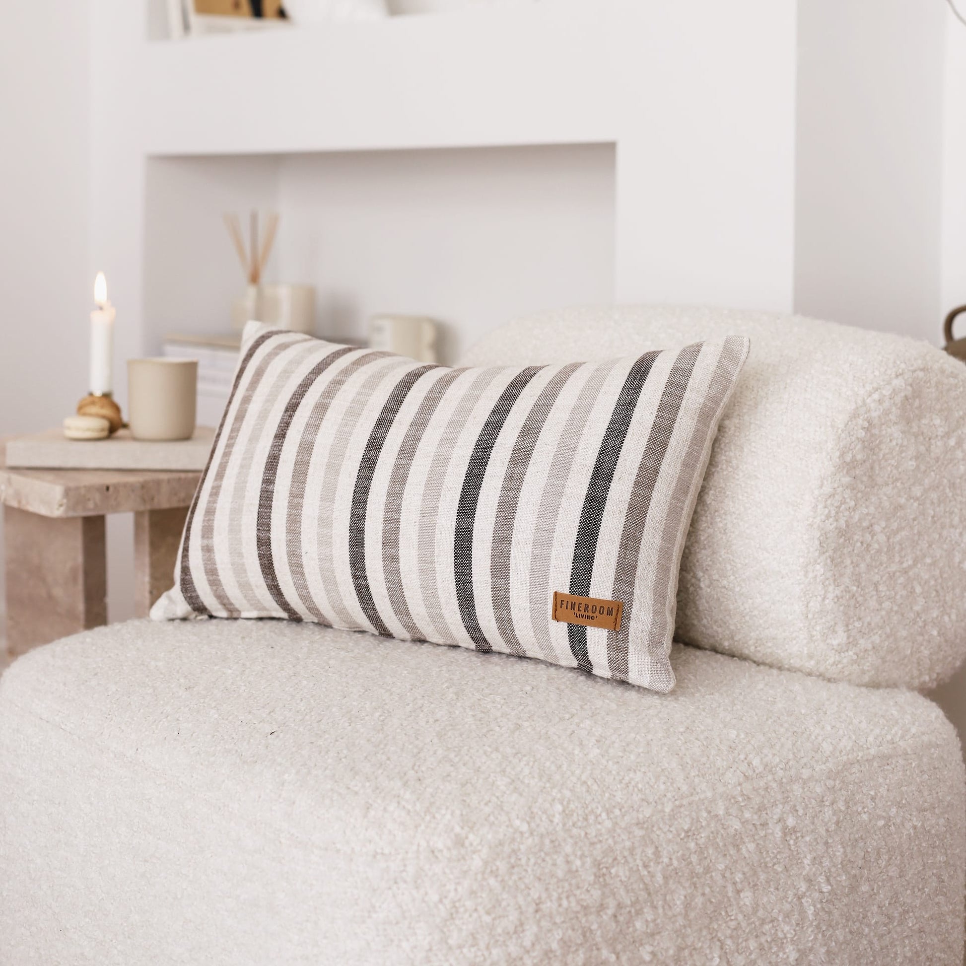 Capri | Brown Linen-Blend Neutral Striped Lumbar 12"x20" Throw Pillow Cover