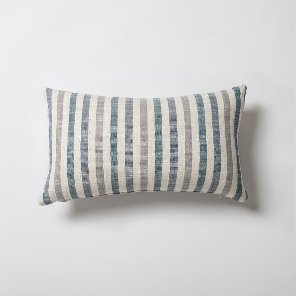 Blue linen-blend neutral striped lumbar throw pillow cover 12"x20"