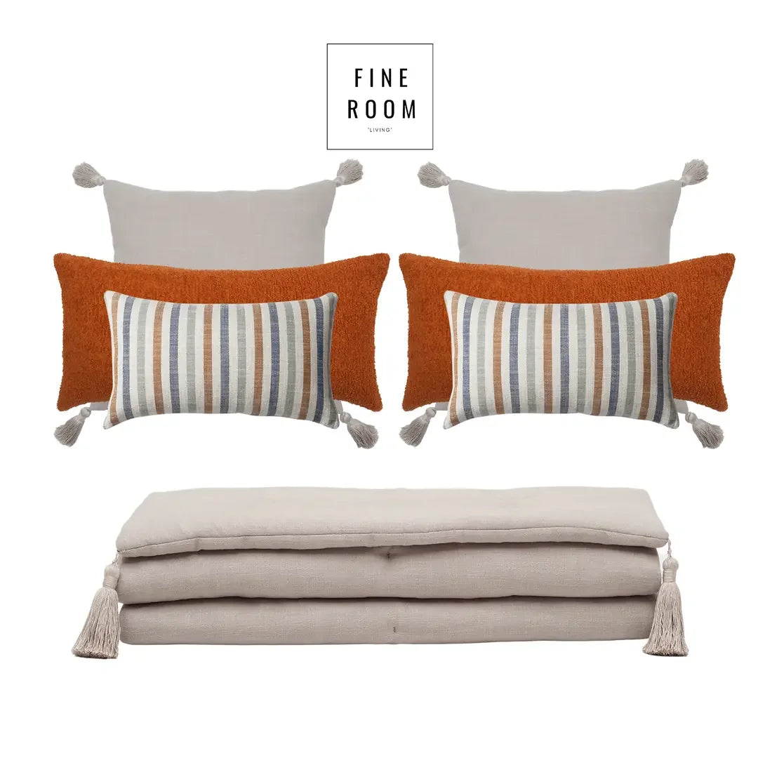 Loom Bed Runner & Pillow Covers | Set of 7 | Taupe Burnt Orange Cozy Capri Bedset