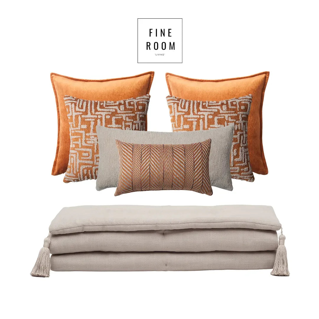 Loom Bed Runner & Pillow Covers | Set of 7 | Taupe Burnt Orange Gilda Bedset