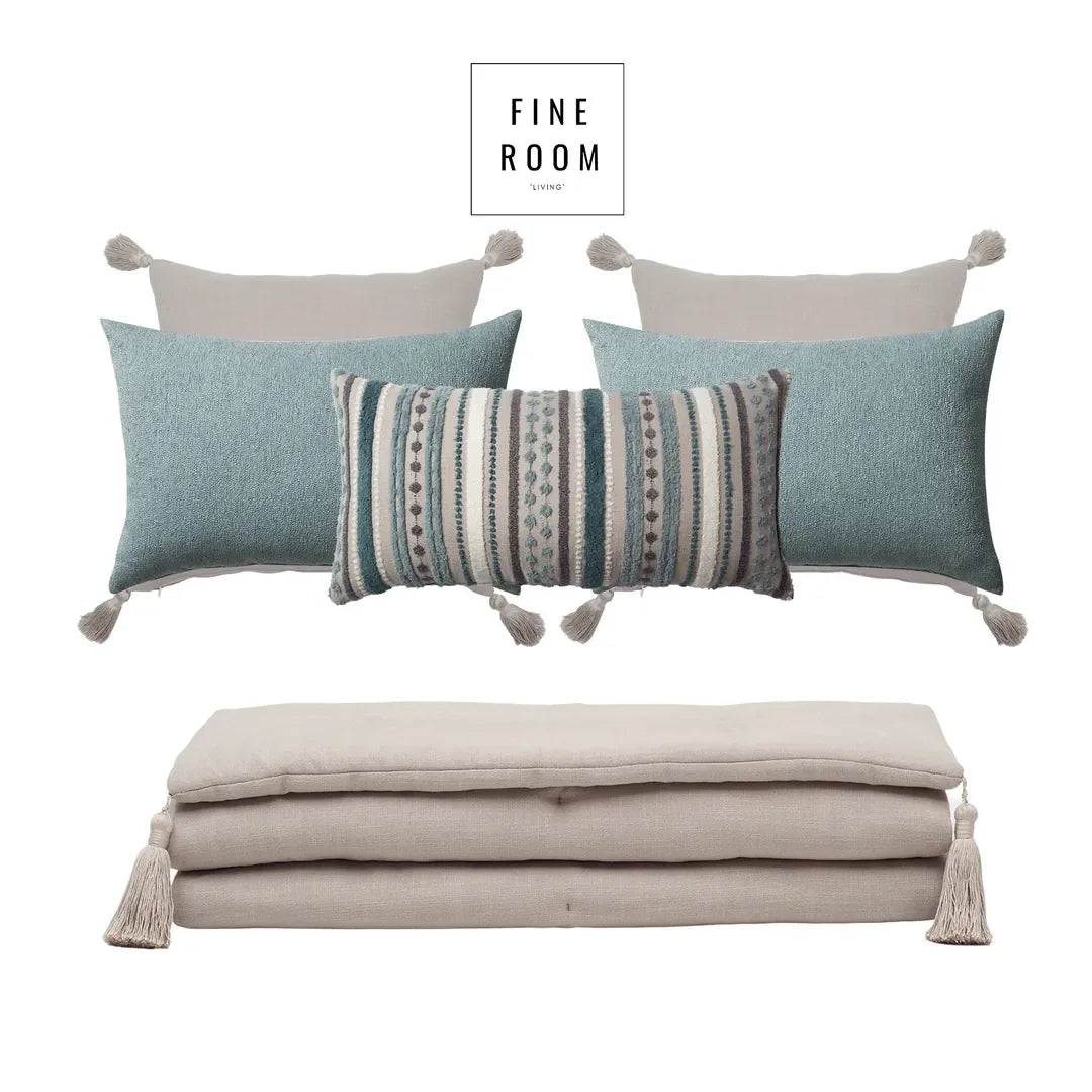 Loom Bed Runner & Pillow Covers | Set of 6 | Taupe Mint Blue Julia Bedset