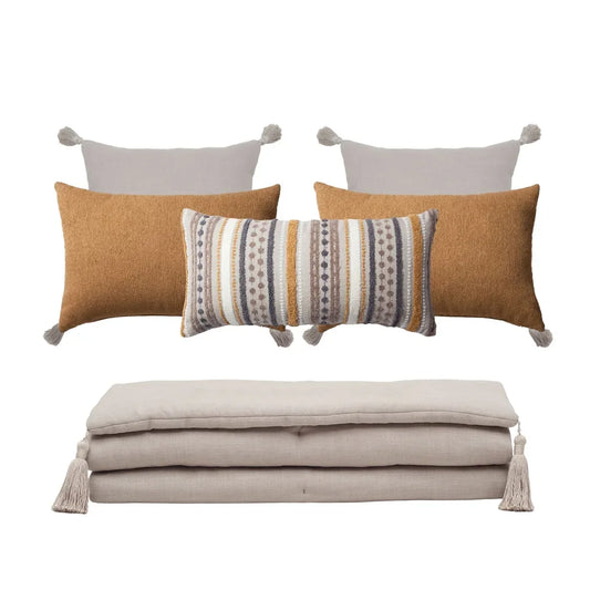 Loom Bed Runner & Pillow Covers | Set of 6 | Taupe Mustard Julia Bedset