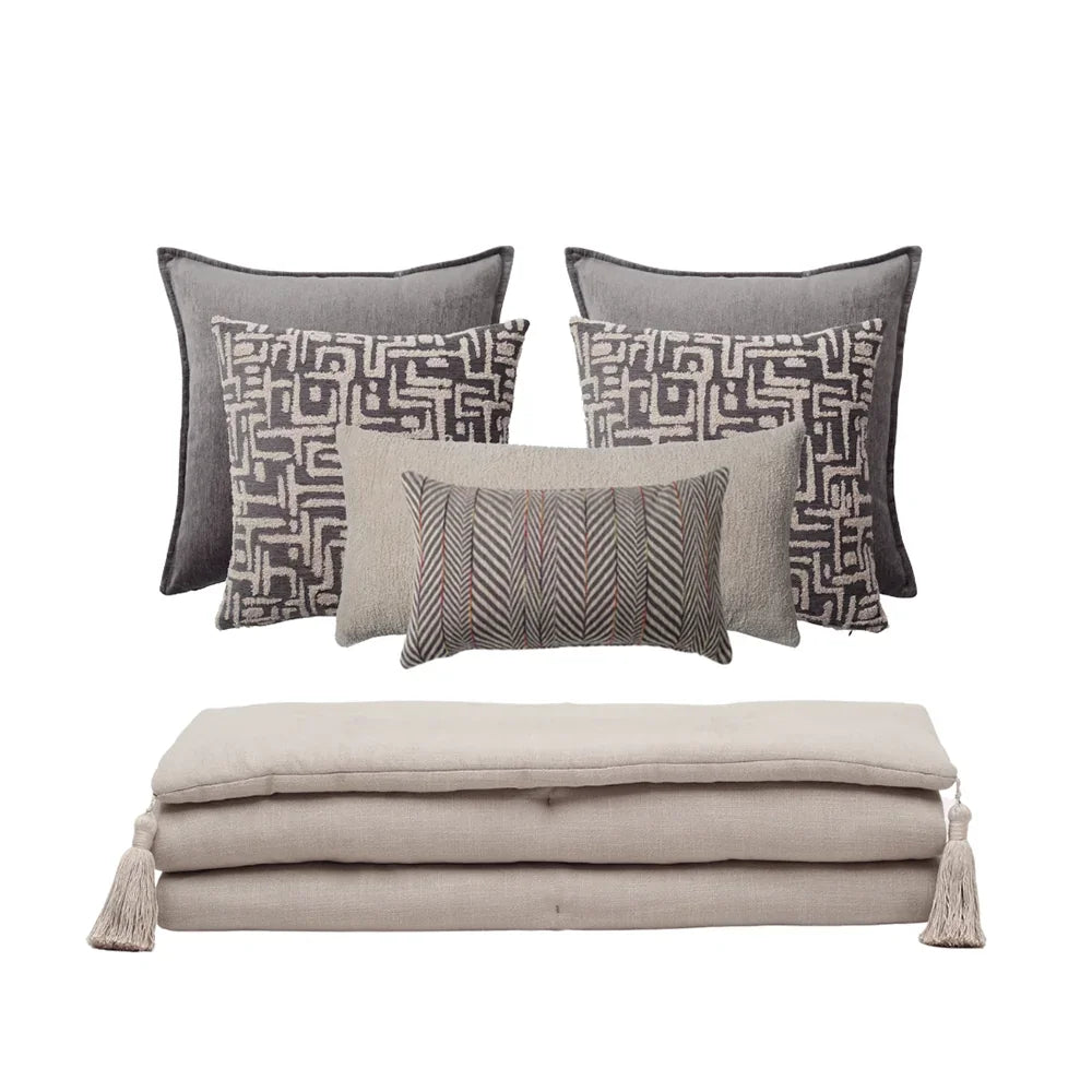 Loom Bed Runner & Pillow Covers | Set of 7 | Taupe Dark Gray Gilda Bedset