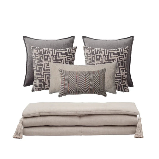 Loom Bed Runner & Pillow Covers | Set of 7 | Taupe Dark Gray Gilda Bedset