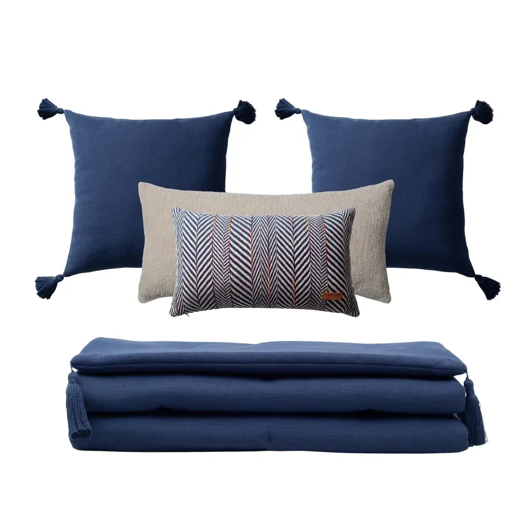 Loom Bed Runner & Pillow Covers | Set of 5 | Navy Blue Sense Bedset