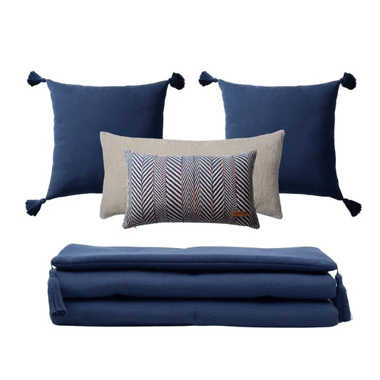 Loom Bed Runner & Pillow Covers | Set of 5 | Navy Blue Sense Bedset