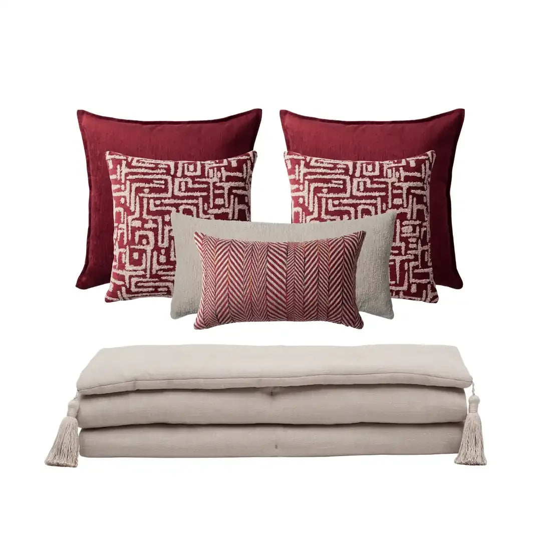Loom Bed Runner & Pillow Covers | Set of 7 | Taupe Burgundy Gilda Bedset