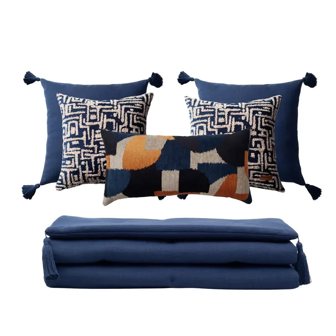Loom Bed Runner & Pillow Covers | Set of 6 | Navy Blue Otto Bedset