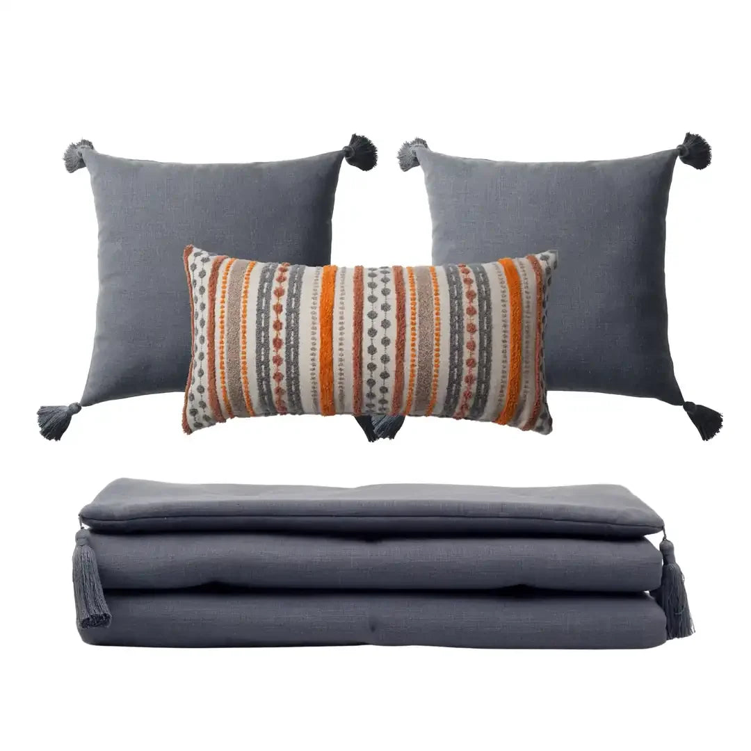 Loom Bed Runner & Pillow Covers | Set of 4 | Dark Gray Orange Nomad Bedset