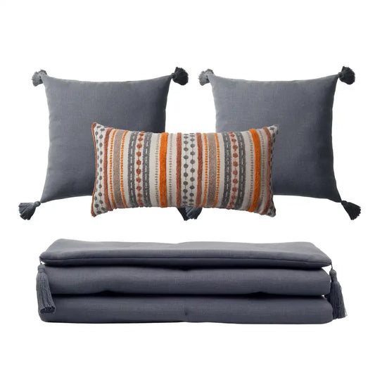 Loom Bed Runner & Pillow Covers | Set of 4 | Dark Gray Orange Nomad Bedset