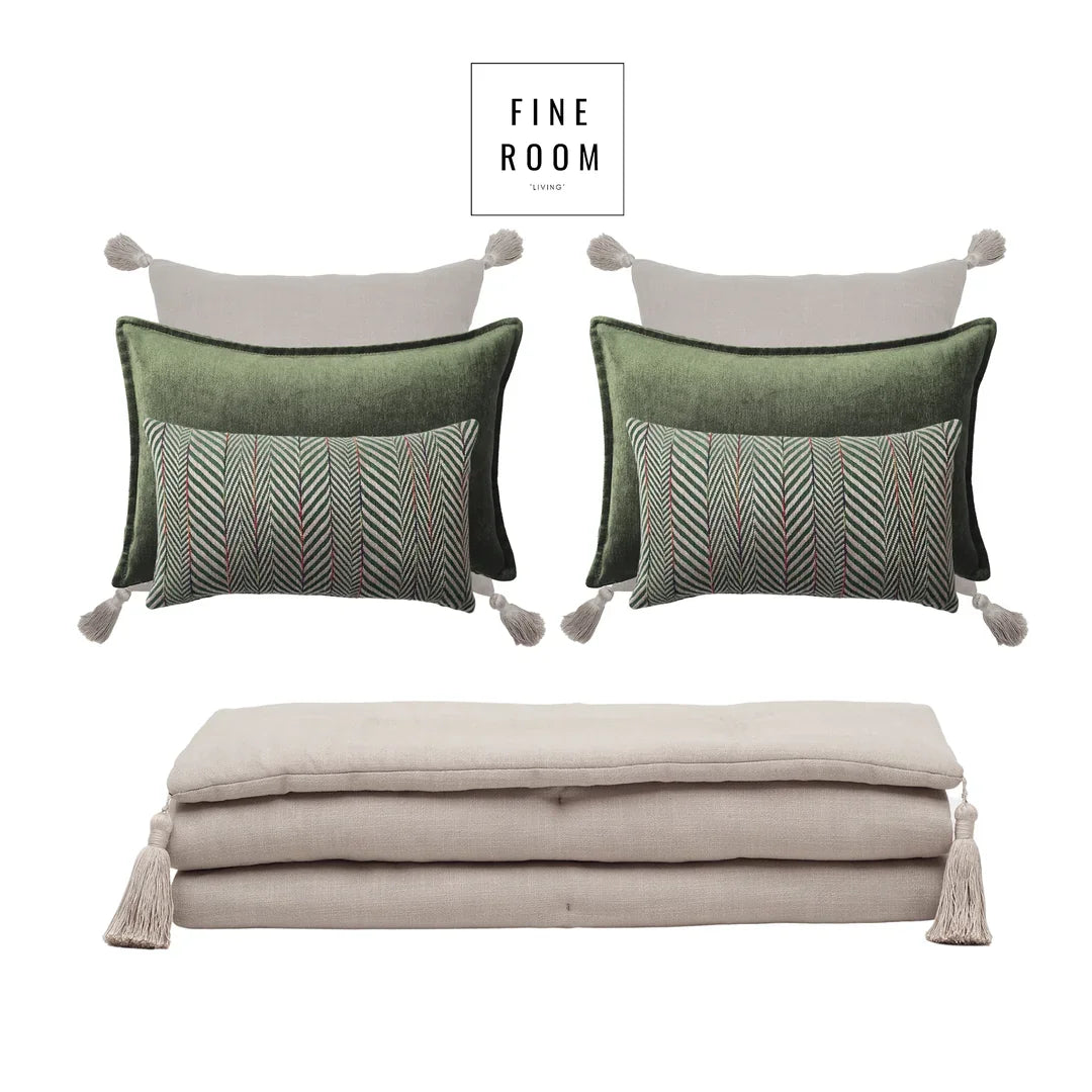 Loom Bed Runner & Pillow Covers | Set of 7 | Taupe Green Eliza Sense Bedset
