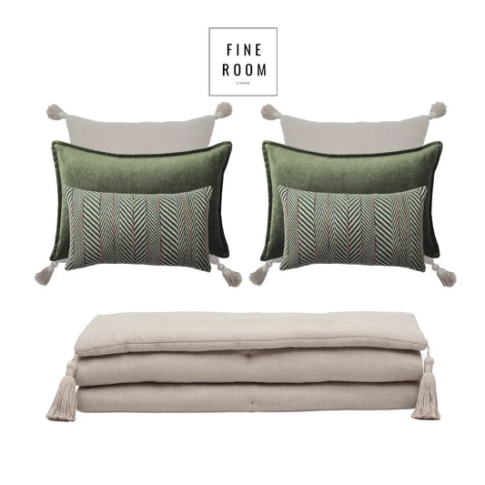 Loom Bed Runner & Pillow Covers | Set of 7 | Taupe Green Eliza Sense Bedset