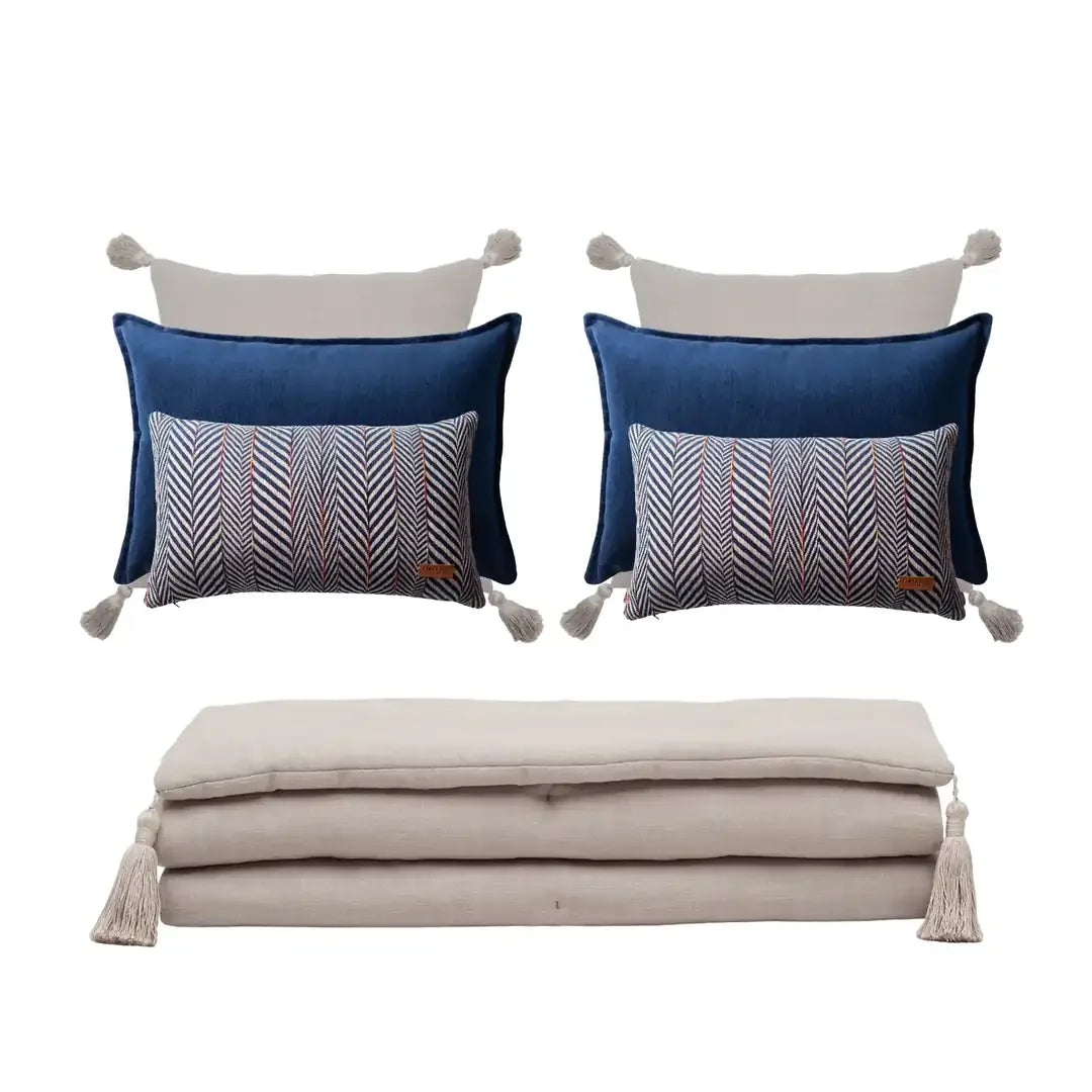 Loom Bed Runner & Pillow Covers | Set of 7 | Taupe Navy Blue Eliza Sense Bedset