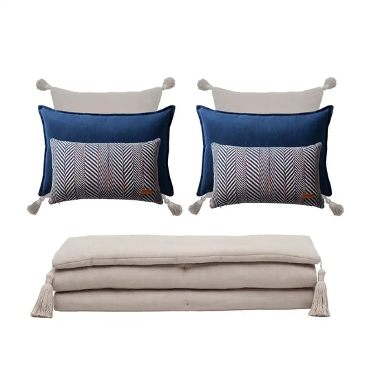 Loom Bed Runner & Pillow Covers | Set of 7 | Taupe Navy Blue Eliza Sense Bedset