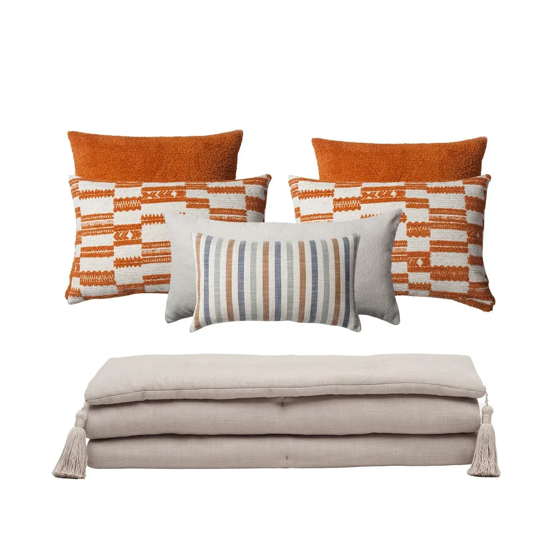 Loom Bed Runner & Pillow Covers | Set of 7 | Taupe Orange Surya Capri Bedset