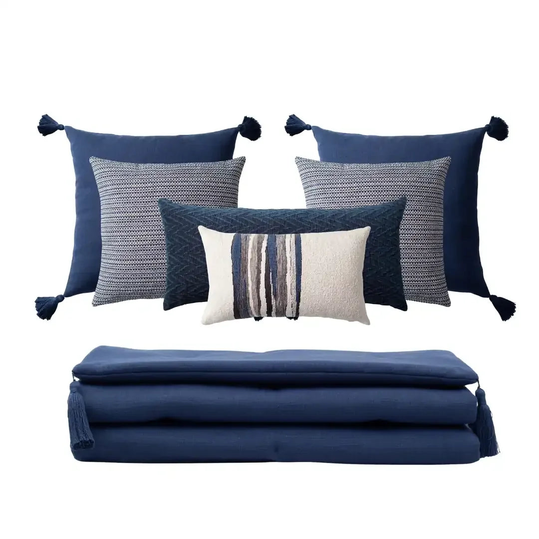 Loom Bed Runner & Pillow Covers | Set of 7 | Navy Blue Kraft Combos Bedset