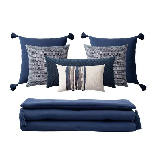 Loom Bed Runner & Pillow Covers | Set of 7 | Navy Blue Kraft Combos Bedset