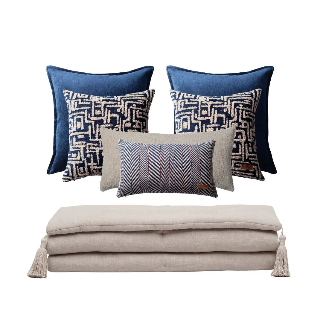 Loom Bed Runner & Pillow Covers | Set of 7 | Taupe Navy Blue Gilda Bedset