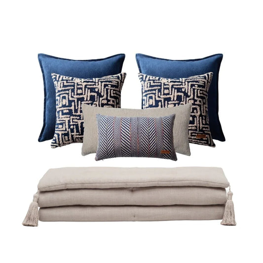 Loom Bed Runner & Pillow Covers | Set of 7 | Taupe Navy Blue Gilda Bedset