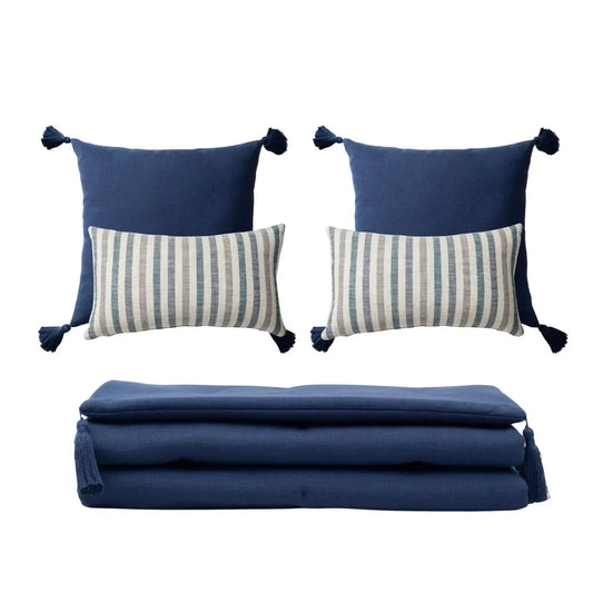 Loom Bed Runner & Pillow Covers | Set of 5 | Navy Blue Capri Bedset